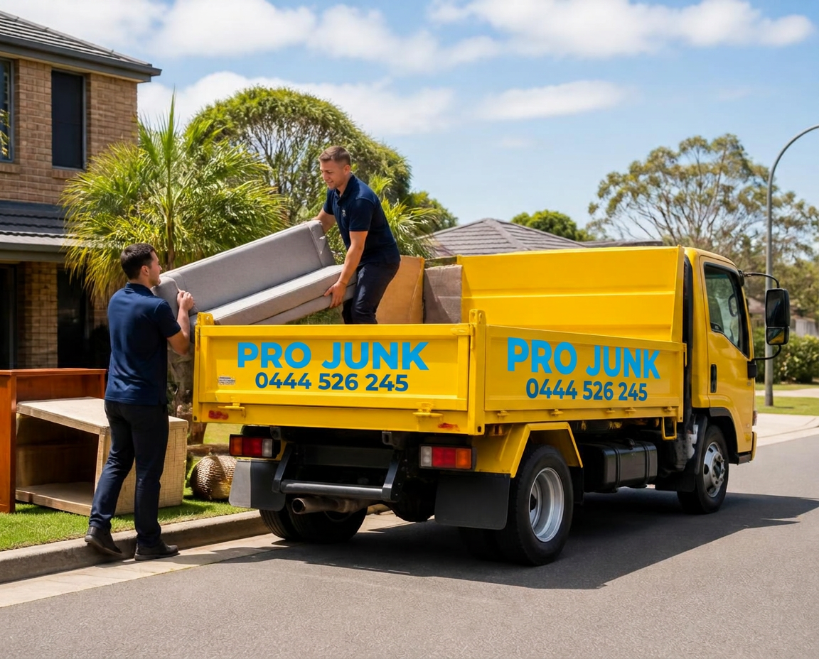 Pro Junk crew loading old furniture into a bright yellow junk removal truck