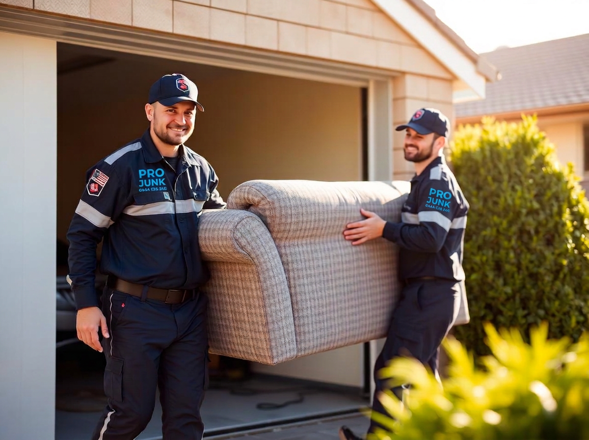 Pro Junk team carrying an old lounge out of a garage during a junk removal job